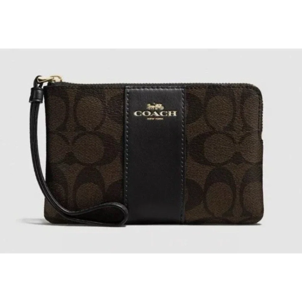 Coach Brown Stripe Logo Wristlet Wallet Corner Zip Coated Canvas‎ Leather